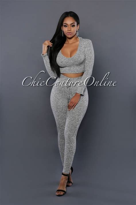 Chic Couture Online Pacey Light Gray Ribbed Hoodie Two Piece Set