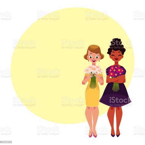 Two Women Girls Black And Caucasian Holding Bunches Of Flowers Stock
