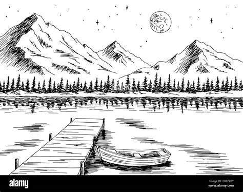 Lake Boat Graphic Black White Night Mountain Landscape Sketch