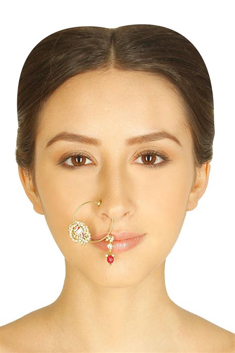 Gold Finish Rubys And Fresh Water Pearl Nose Rings By Art Karat Shop Now