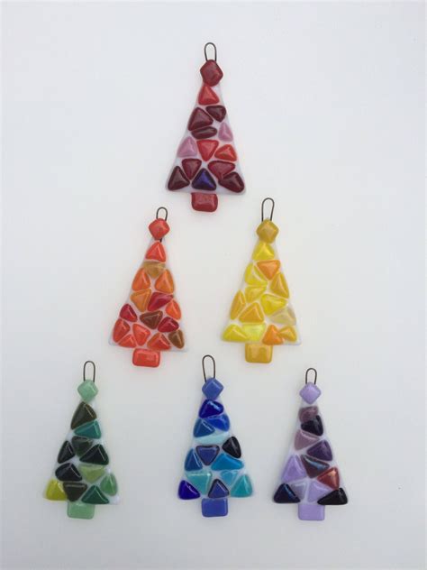 Set Of 6 Rainbow Fused Glass Christmas Tree Decorations Ornaments
