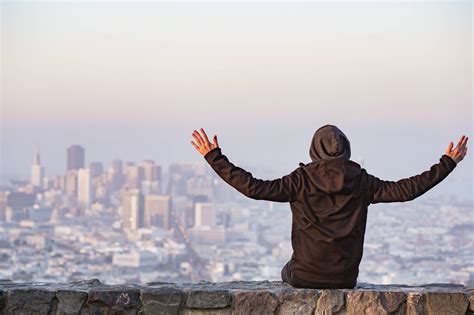 Man With Open Arms Saluting The San Francisco City Free Stock Photo