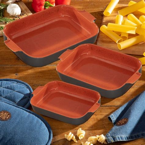 3 Piece Stoneware Baking Dish Set Grey And Red Stoneware Dishes From