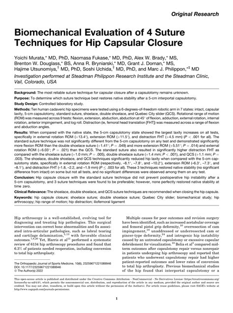 Pdf Biomechanical Evaluation Of Suture Techniques For Hip Capsular