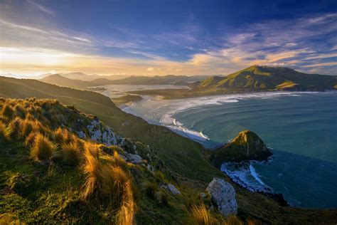 Sunset Beach Grass New Zealand Sea Mountains Clouds Nature