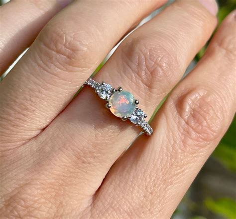 Genuine Opal Promise Ring For Her Fiery Opal Three Stone Anniversary