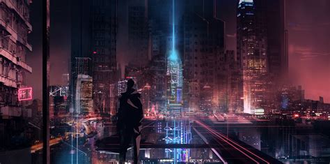 Cityscape Night Cyberpunk Reflection Futuristic Silhouette