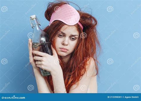 drunk woman with disheveled hair mask red bottle of alcohol stock image image of event adult