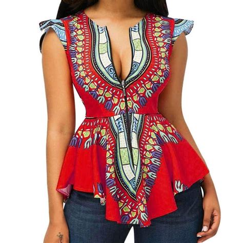 Cucuham Women Asymmetric Hem Cap Sleeve Printed Zipper Closure Blouse Tops African Fashion