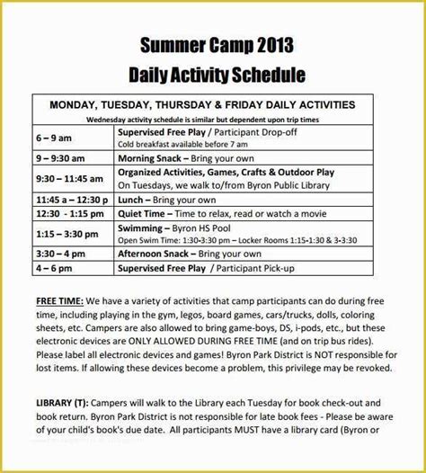 Free Summer Camp Schedule Template Of 17 Best Images About Summer Camp