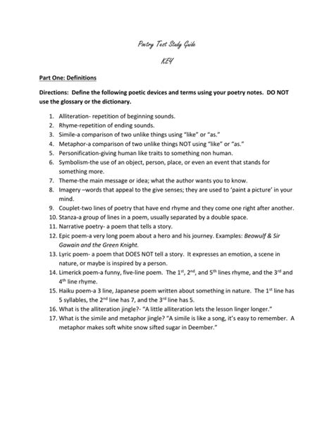 Poetry Test Study Guide Key Part One Definitions Directions
