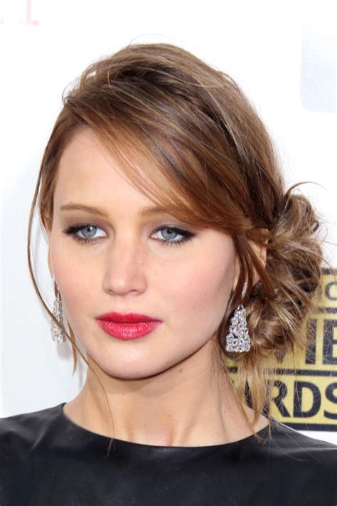 Jennifer Lawrence Straight Light Brown Messy Bun Updo Hairstyle