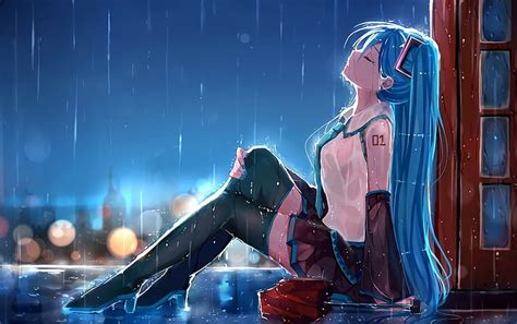 アニメ、 アニメの女の子、 ボーカロイド、 初音ミク、 長い髪、 雨、 ツインテール、 傘、 水、 青い髪、 hdデスクトップの壁紙 wallpaperbetter