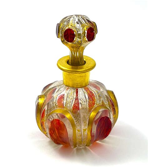 Antique Moser Red Cut To Clear Perfume Bottle With Ruby Cabochons