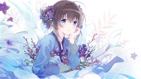 Wallpaper Brown Hair Traditional Clothes Anime Girl Smiling Blue