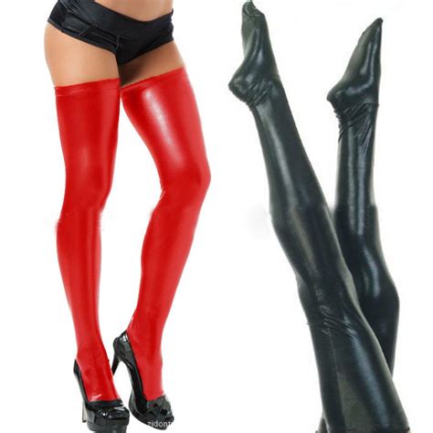 Black Red Colors Wet Look Sexy Women Lady Thigh High Stockings Pu Pvc Performing Faux Leather