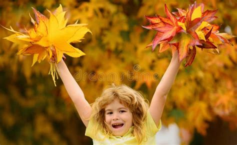 Autumn Outdoor Portrait Of Beautiful Happy Child Kids Play In Autumn