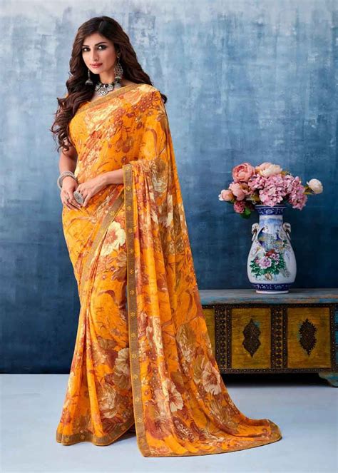 Outstanding Yellow Color Georgette Flower Printed Saree Printed