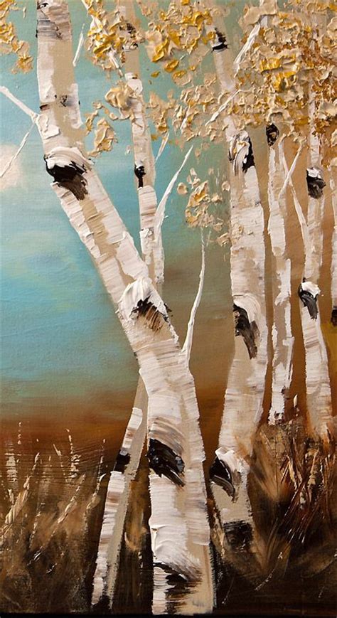 A Painting Of Some White Trees With Yellow Leaves