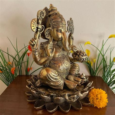 11 Inches Lotus Lord Ganesh Brass Idol Ganpati Decorative Statue For