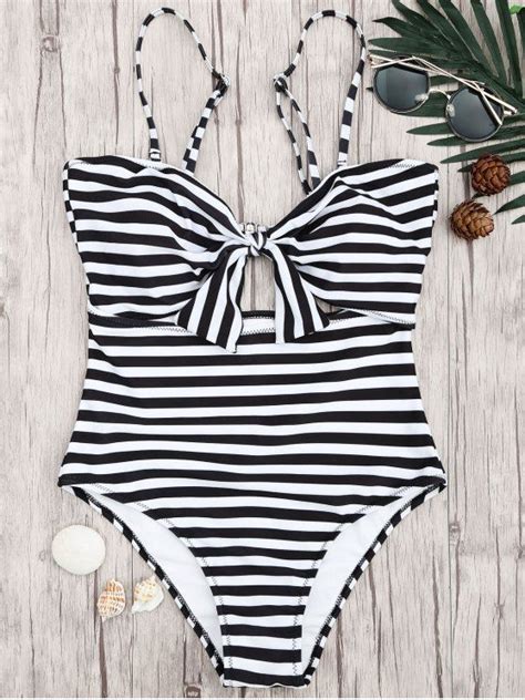 74 Off 2019 Striped Knot Cut Out One Piece Swimsuit In White And