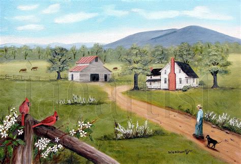 Barn Farm House Primitive Landscape Folk Art Prints Mountain Etsy
