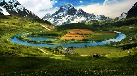 Landscape View Of White Covered Mountains River Between Green Grass