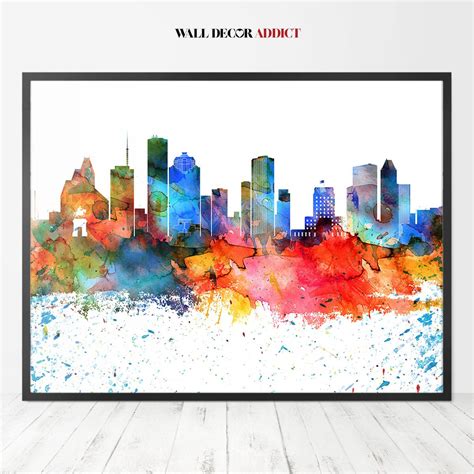Houston Skyline Print Poster Houston Watercolor Wall Art Etsy