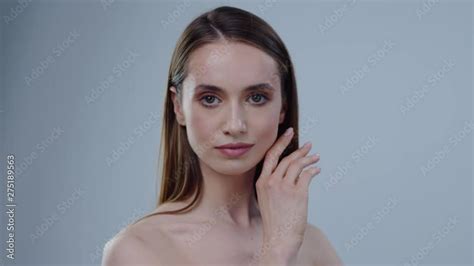 Beautiful Face Young Naked Woman Look At Camera Grey Background Care