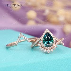 Pear Shaped Teal Sapphire Engagement Ring Set Blue Green Etsy