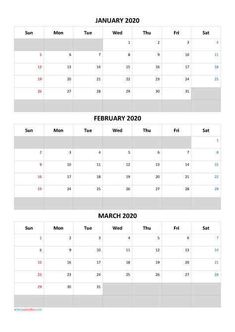 Free Calendar January February March 2020 Template Codecand5