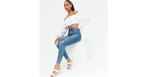 blue ripped high waist hallie super skinny jeans new look