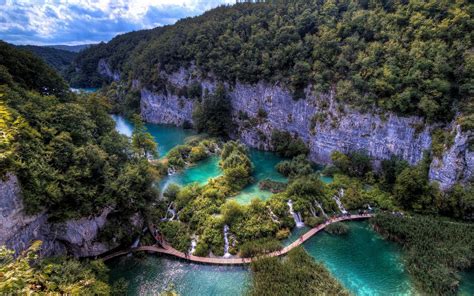 Plitvice Lakes Croatia Parks Waterfalls Crag Shrubs Hd Wallpaper