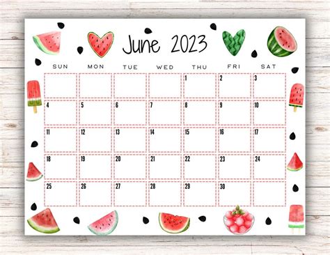 Editable Printable June Calendar 2023 Watermelon Themed Etsy In 2023