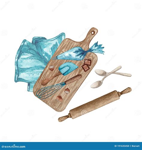Baking Watercolor Illustration With Kitchen Utensils Shoping Board Spoons Rolling Pin