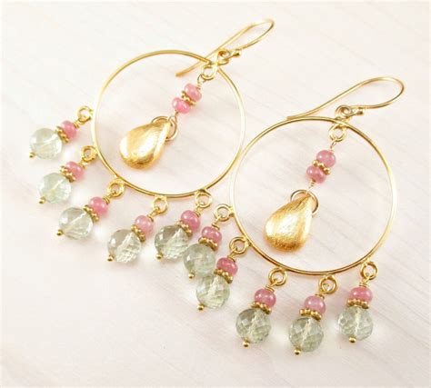 Green Amethyst Pink Sapphire Gold Earrings Gold Prasiolite Etsy