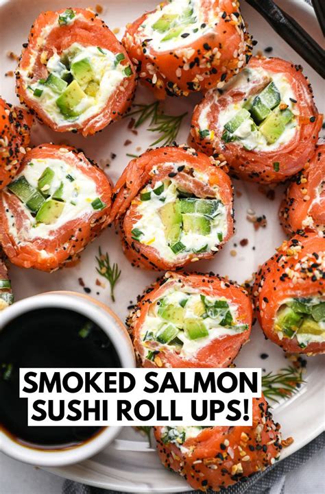 Smoked Salmon Sushi Rolls Filled With A Cream Cheese Mixture Sliced Cucumber And Avocado