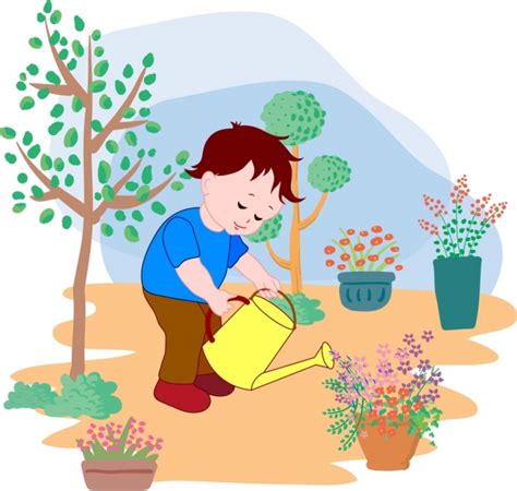 Little Boy Watering Flowers Background Colored Cartoon Decor Vectors