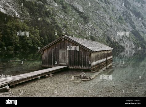 Boathouse At Lake Obersee In Bavaria Berchtesgaden Alps Germany Stock