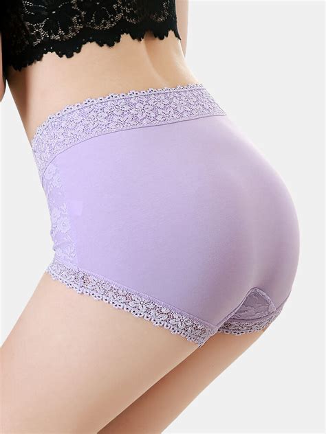 Womens Lace Solid Color Cotton Full Hip High Waist Panties Aa