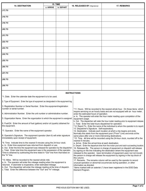 Dd Form 1970 Motor Equipment Utilization Record Dd Forms