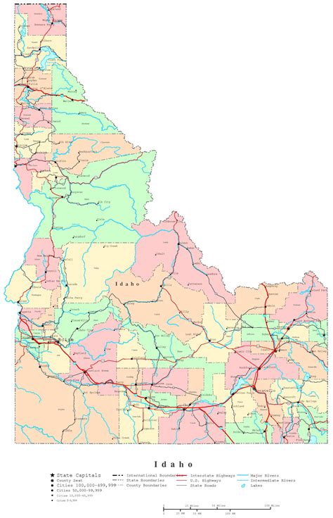 Detailed administrative map of Idaho with roads, highways and major
