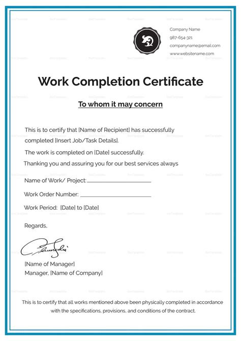 work completion certificate template certificate