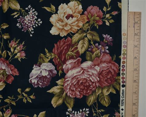 Victorian Rose Garden Fabric Black Floral Cottage Roses Quilting Fabric