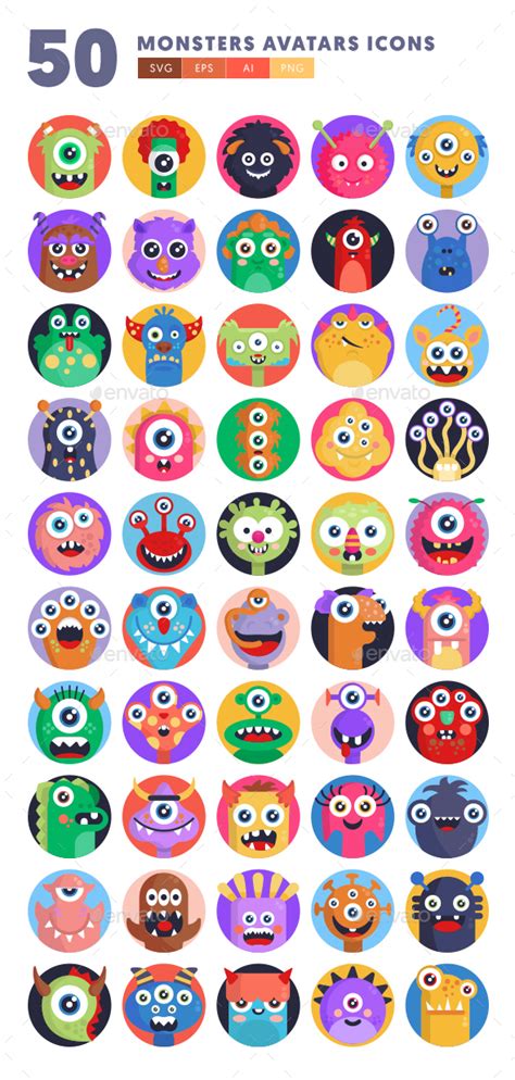 50 Monsters Avatars Icons Icons Graphicriver