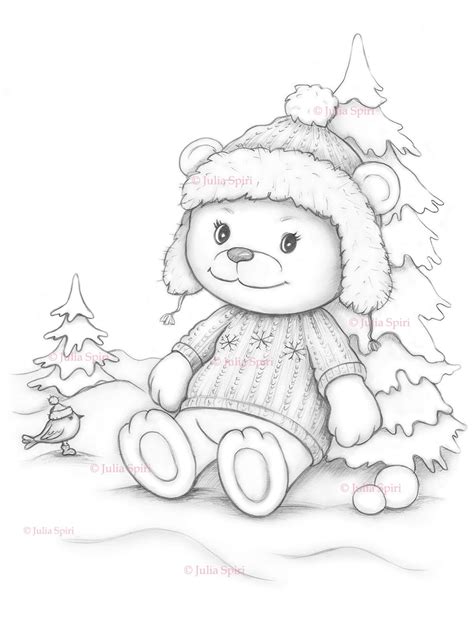 Coloring Page Digital Stamp Digi Cute Bear Winter Snow Etsy Bear