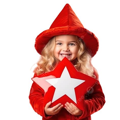 Beautiful Little Girl In Santa Dress And Hat Holds Christmas Red Star