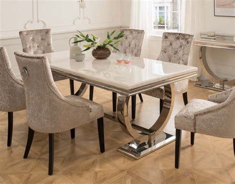 Arianna Cream Marble 180cm Dining Set Table 6 Belvedere Pewter