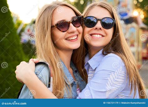 Two Girls Best Friends Happily Hug Each Other Stock Image Image Of Carnival Outfit 156721179