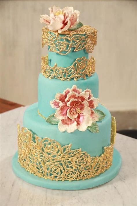 Turquoise And Gold Fondant Wedding Cake ♥ Best Wedding Cake Ideas